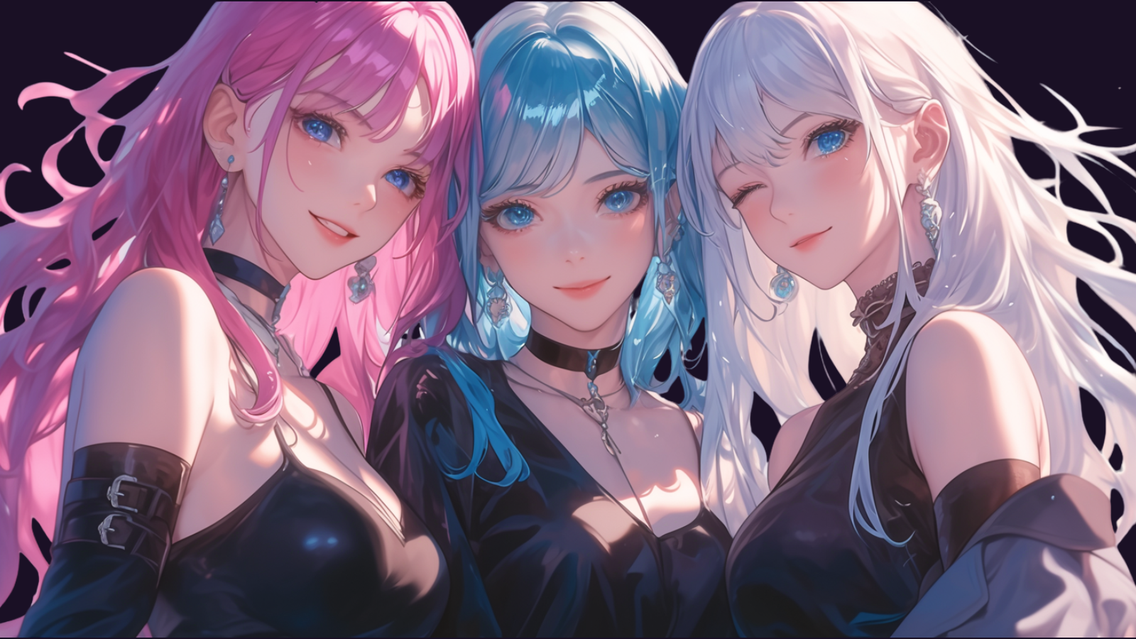 Three anime AI girlfriends with pink, blue, and white hair